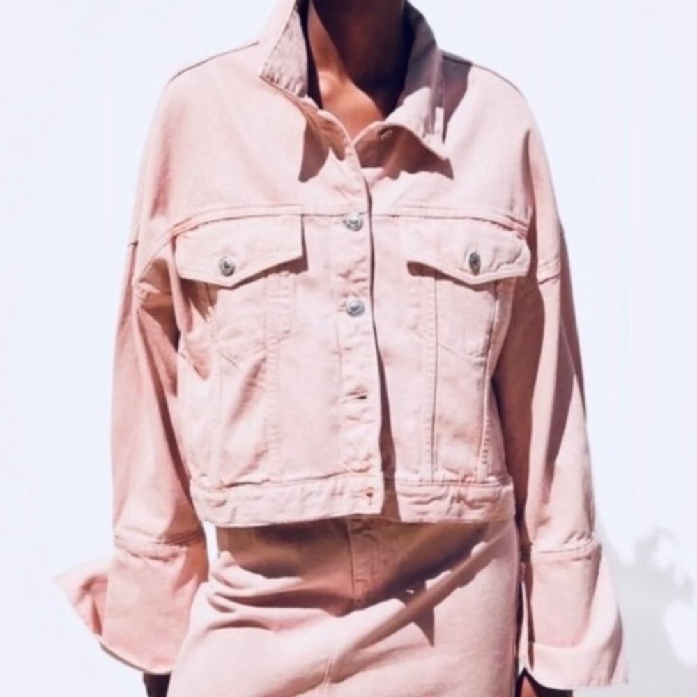 Zara Pink Oversized Cropped Denim Jean Jacket